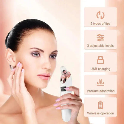 Gadget Cart multifunctional blackhead remover with white and rose gold design, held by a woman for facial pore cleansing.