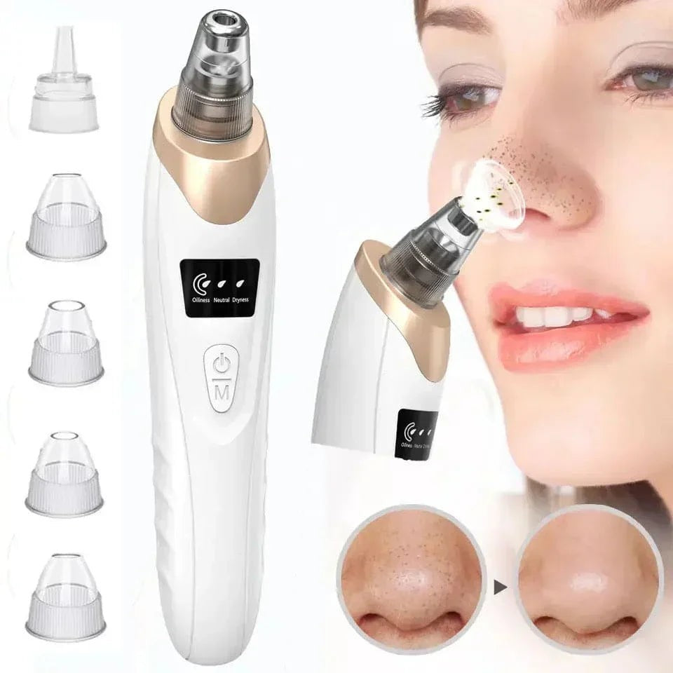 Gadget Cart multifunctional blackhead remover with LED display, five suction heads, and a woman using it on her nose.